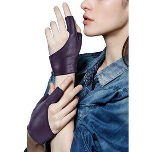 Women's Purple Fingerless Leather Driving Half Finger Gloves Halloween Design